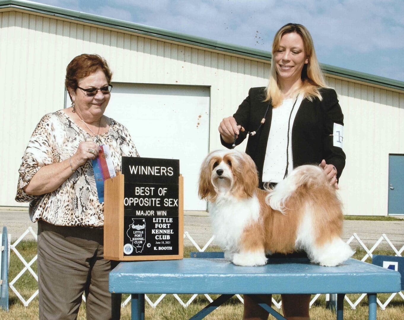 Two women standing next to a Havanese dog at a dog show.