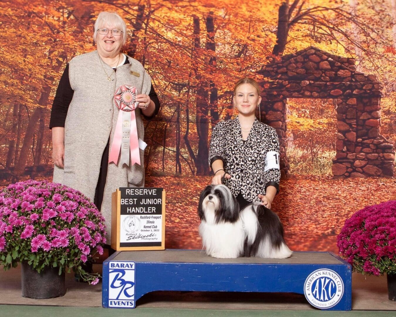 A woman and a dog standing next to each other at a dog show featuring Havanese puppies.