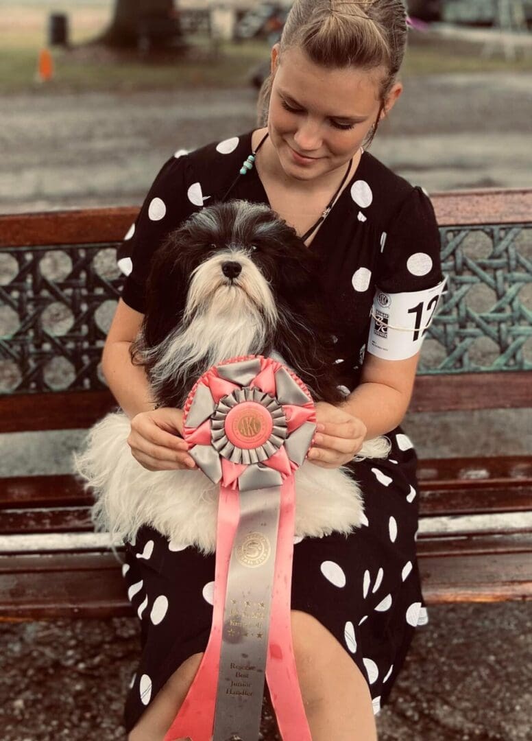 A woman sitting on a bench with a shih tzu and Havanese puppy.