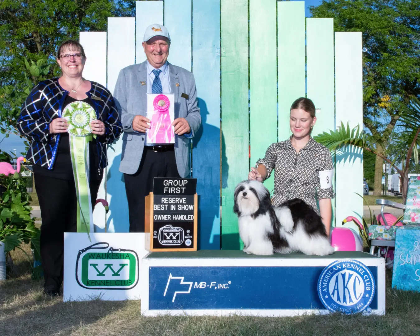 A group of people posing with their Havanese show dogs at a dog show.